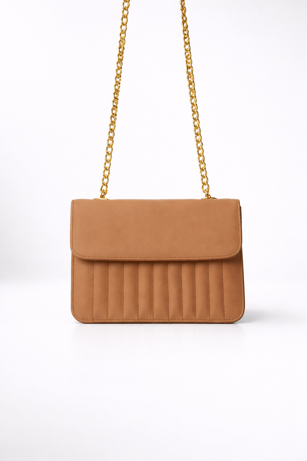 Quilted Tan Shoulder Bag with Gold Chain